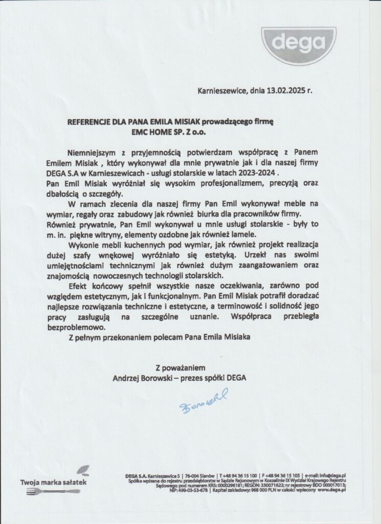 Referencja od firmy DEGA S.A. za wykonanie mebli na wymiar, regałów, biurek i elementów stolarskich w latach 2023–2024