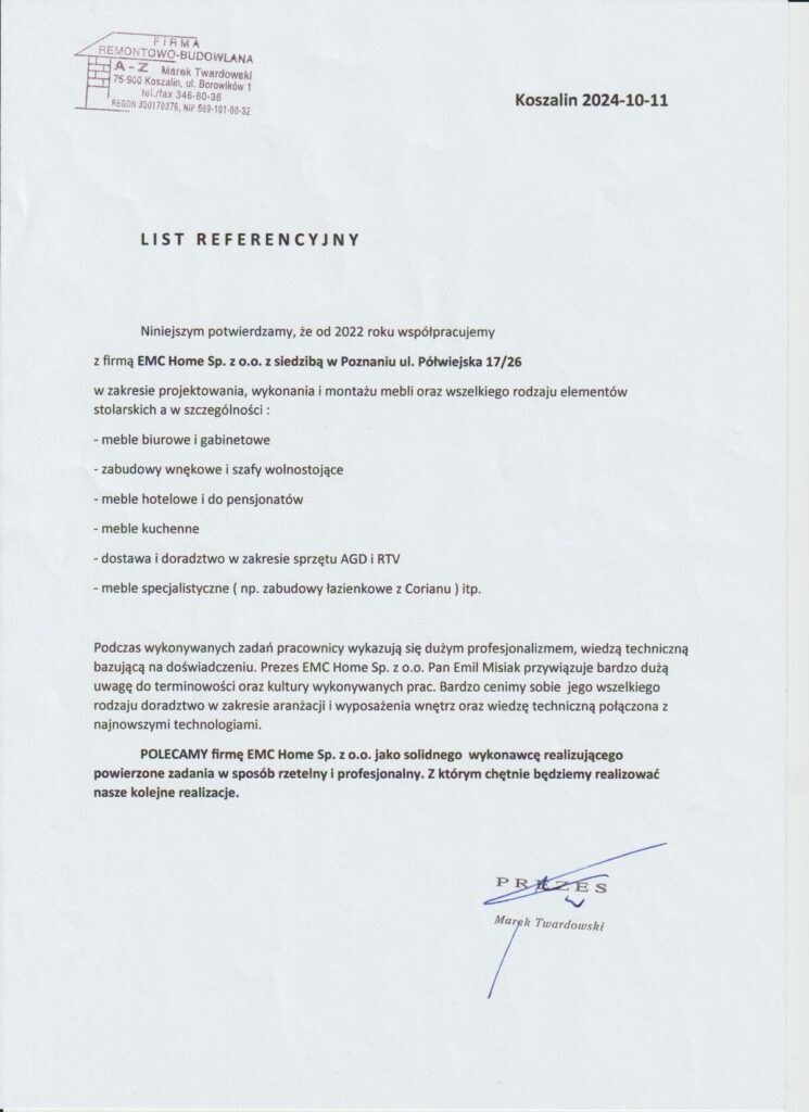 Firma budowlana A–Z potwierdza profesjonalizm EMC Home w projektowaniu i wykonaniu mebli komercyjnych i specjalistycznych