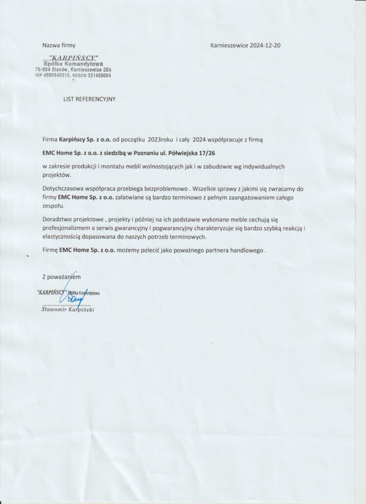 Spółka KARPIŃSCY rekomenduje EMC Home za terminową realizację mebli i pełne zaangażowanie w indywidualne projekty